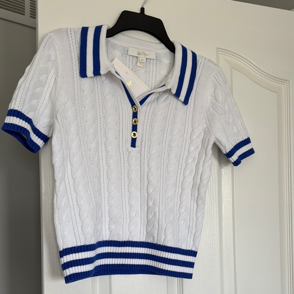 White and Blue Cable Knit Polo Shirt